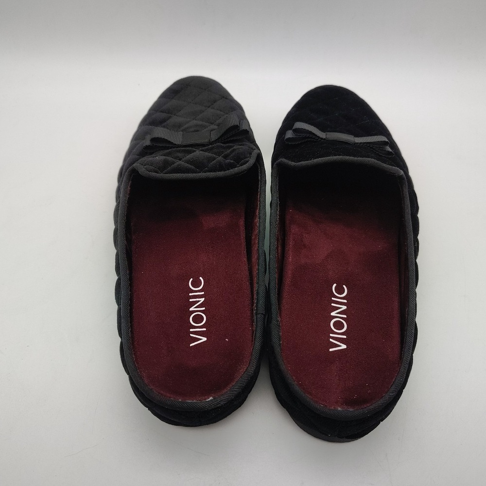 Vionic Sz 10 Eloise Black Red Quilted Velvet Slipper Slip-On Mules Flats Women - Picture 2 of 6